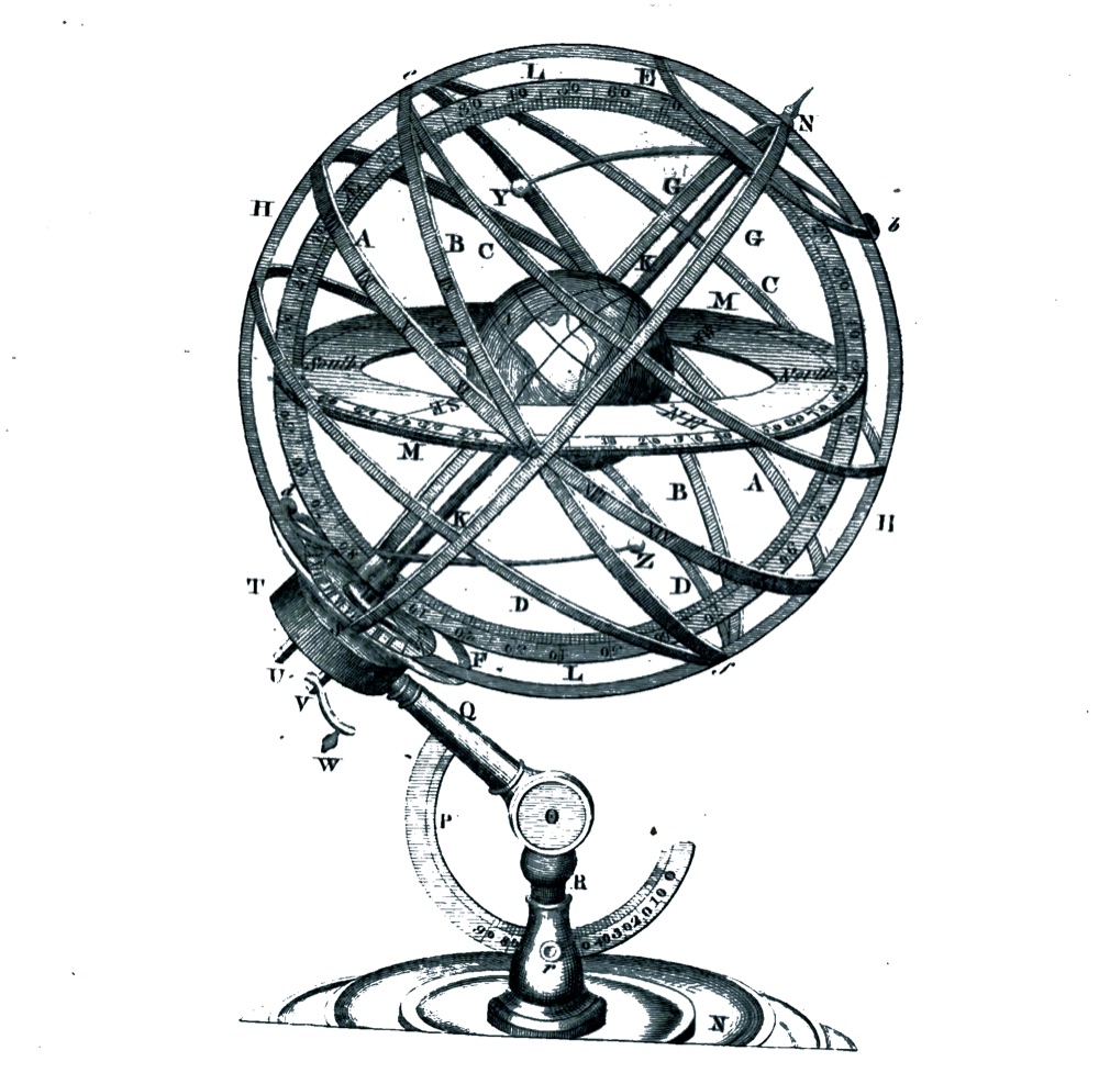 An eighteenth-century engraving of an armillary sphere: nested rings modelling the celestial equator, the ecliptic, the tropics and the horizon around a small central Earth.