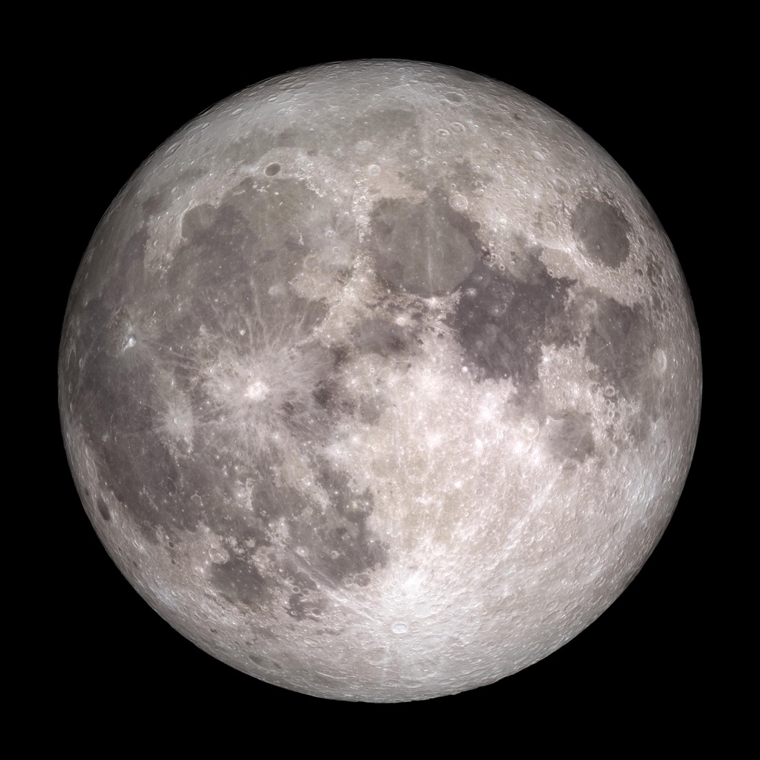 The full Moon as a detailed grey disc, crowded with craters and dark maria, against black space.